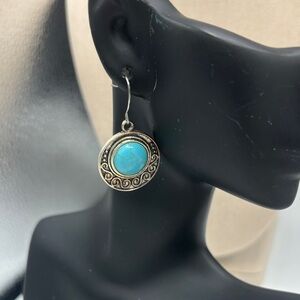 Vintage Turquoise Stone Silver-Tone Drop Earrings - Elegant Blue Accent